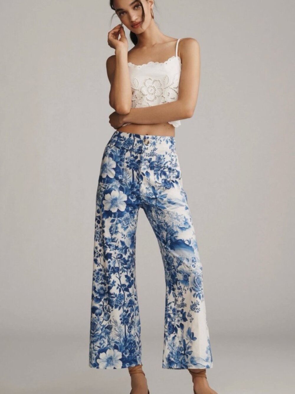 Maeve Colette Linen Blend High-Rise Wide-Leg Cropped Pants Blue Floral Flowers - Picture 3 of 10